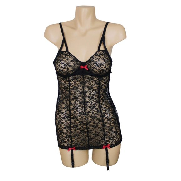 La Vie En Rose Black Lace Merry Widow Garter Suspenders Red Bows Negligee N96 - Picture 1 of 10